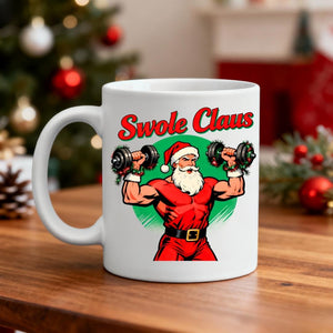 Swole Clause Christmas Ceramic Mug – funny fitness holiday mug featuring muscular Santa flexing, available in 11oz and 15oz, by Memez.Store.