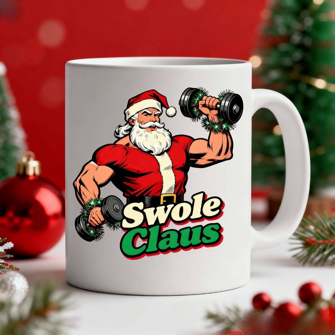 Swole Clause Mug – funny gym Christmas coffee mug with muscular Santa flexing, available in 11oz and 15oz sizes by Memez.Store.”