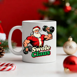Swole Clause Mug – funny gym Christmas coffee mug with muscular Santa flexing, available in 11oz and 15oz sizes by Memez.Store.”