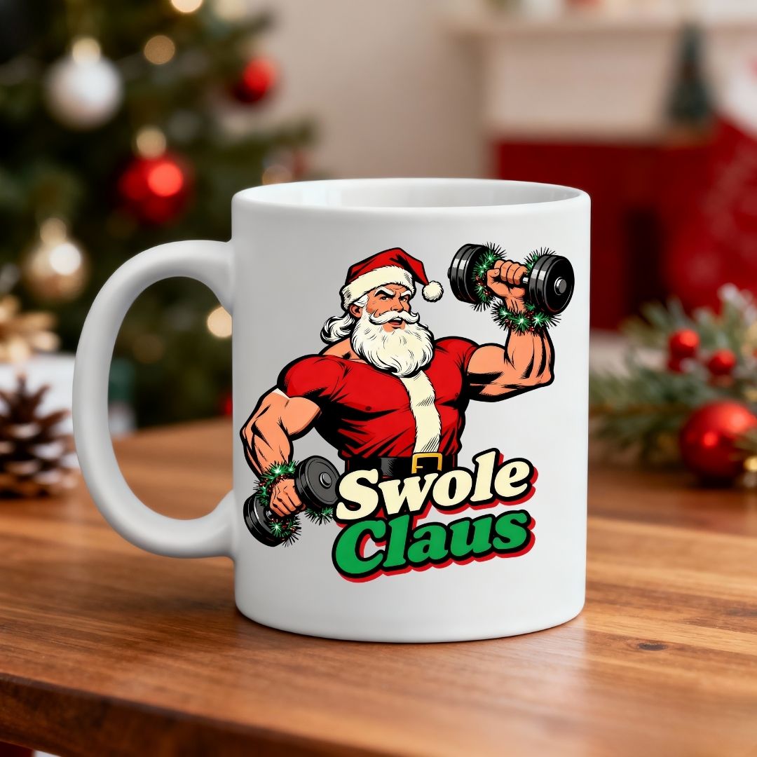 Swole Clause Mug – funny gym Christmas coffee mug with muscular Santa flexing, available in 11oz and 15oz sizes by Memez.Store.”