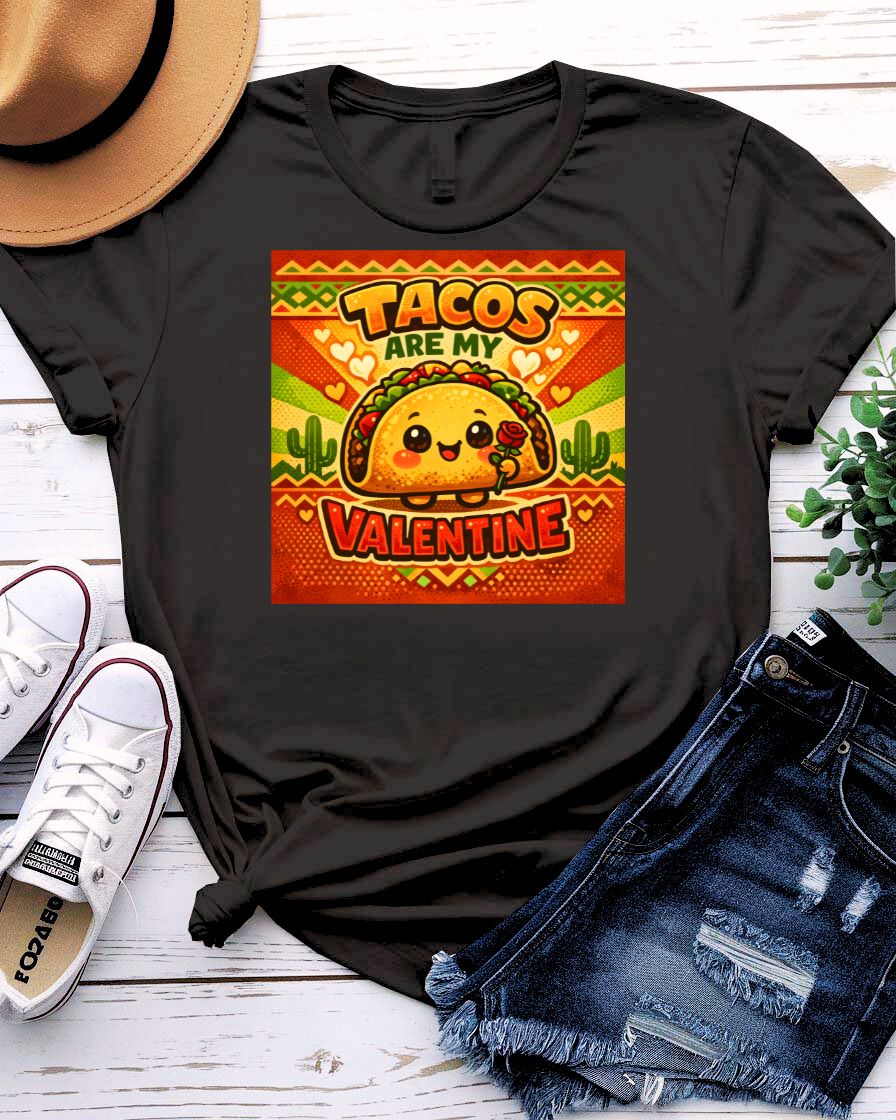 Tacos Are My Valentine t-shirt with cute smiling taco graphic