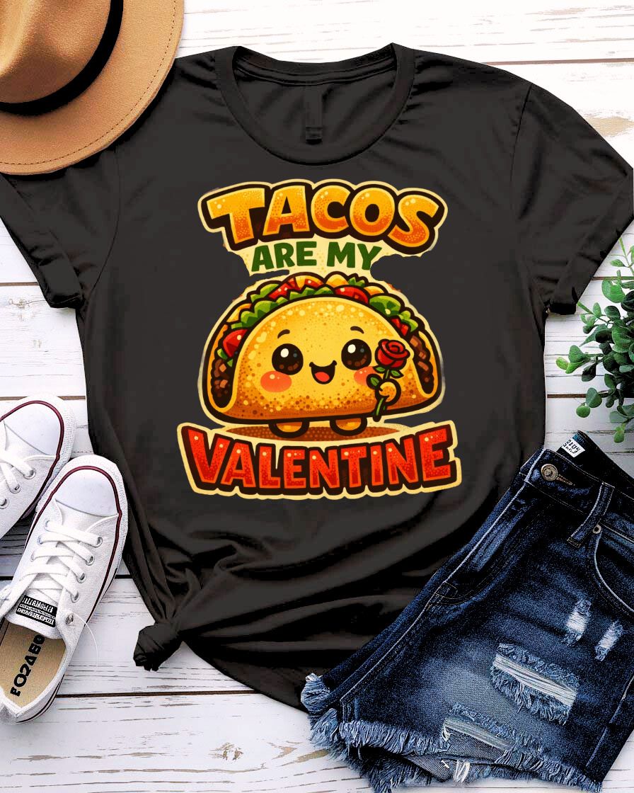 Tacos Valentine Tee with a smiling cartoon taco and punny love text