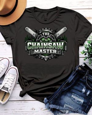 The chainsaw master design tee chainsaw in action wood chips flying