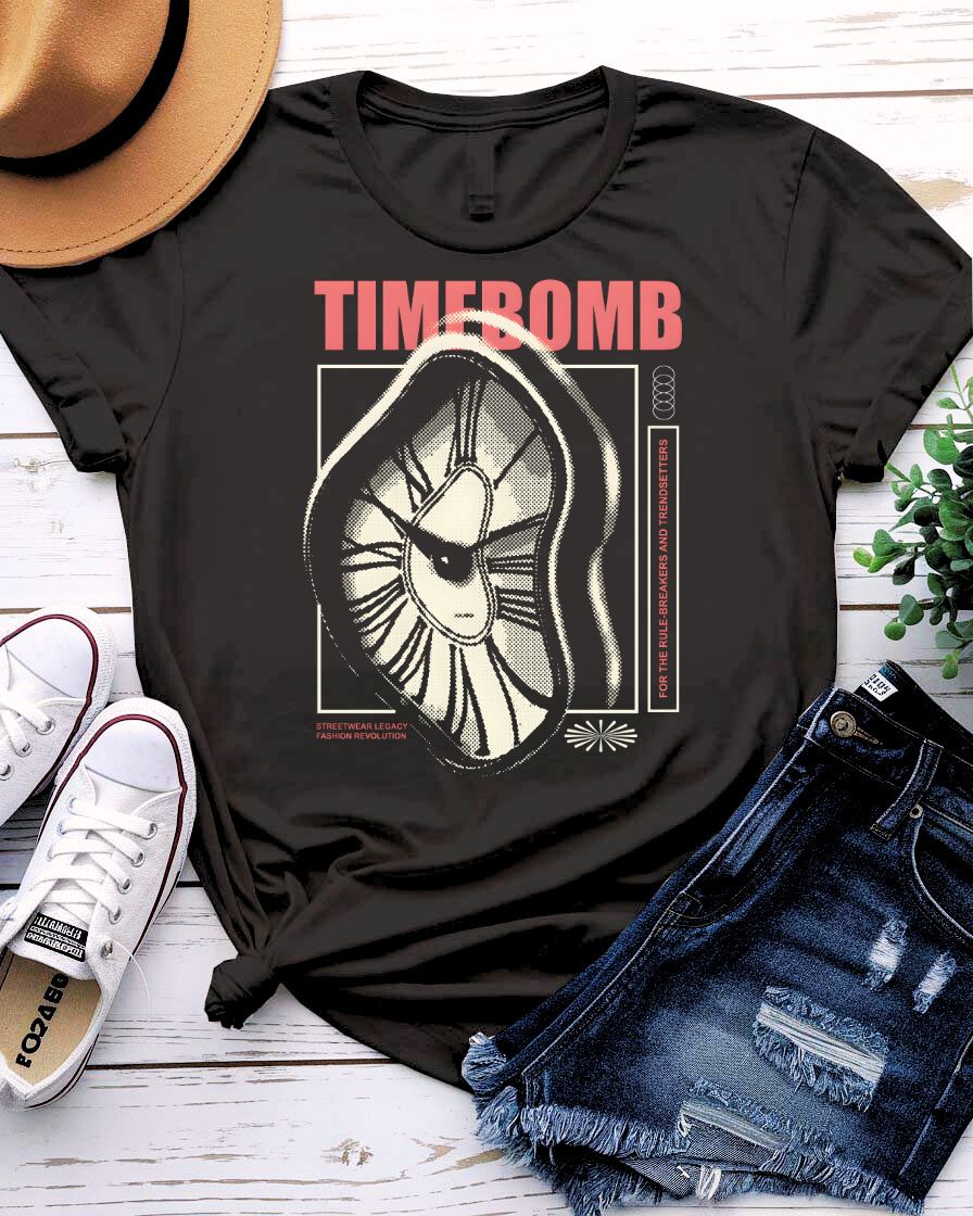 Time Bomb Streetwear Tee with cracking clock face on model