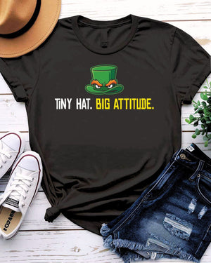 Tiny Hat Big Attitude St. Patrick's Day Tee with sassy leprechaun hat on model