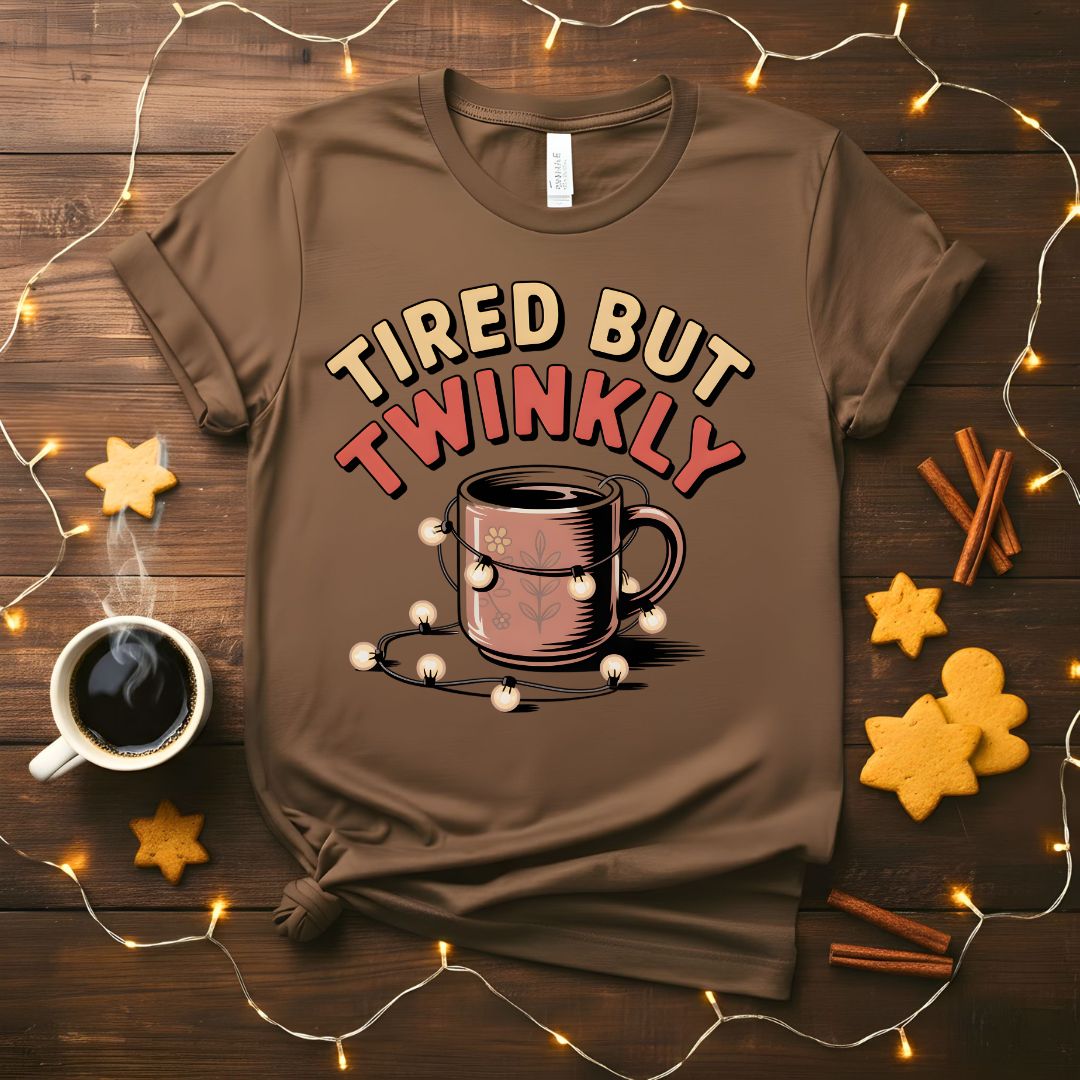 Tired But Twinkly Funny Relatable Mom Christmas T-Shirt
