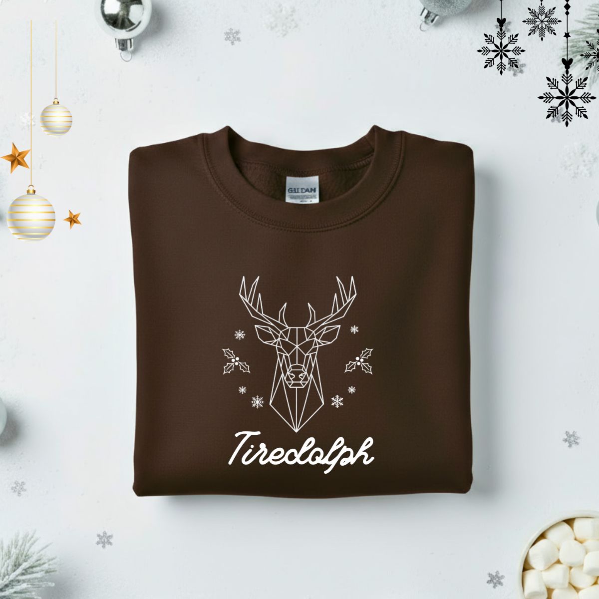 Tiredolph Typographical Embroidered Sweatshirt – funny holiday sweatshirt with minimalist embroidered text, soft unisex fleece pullover from Memez.Store, perfect for tired vibes and festive sarcasm.
