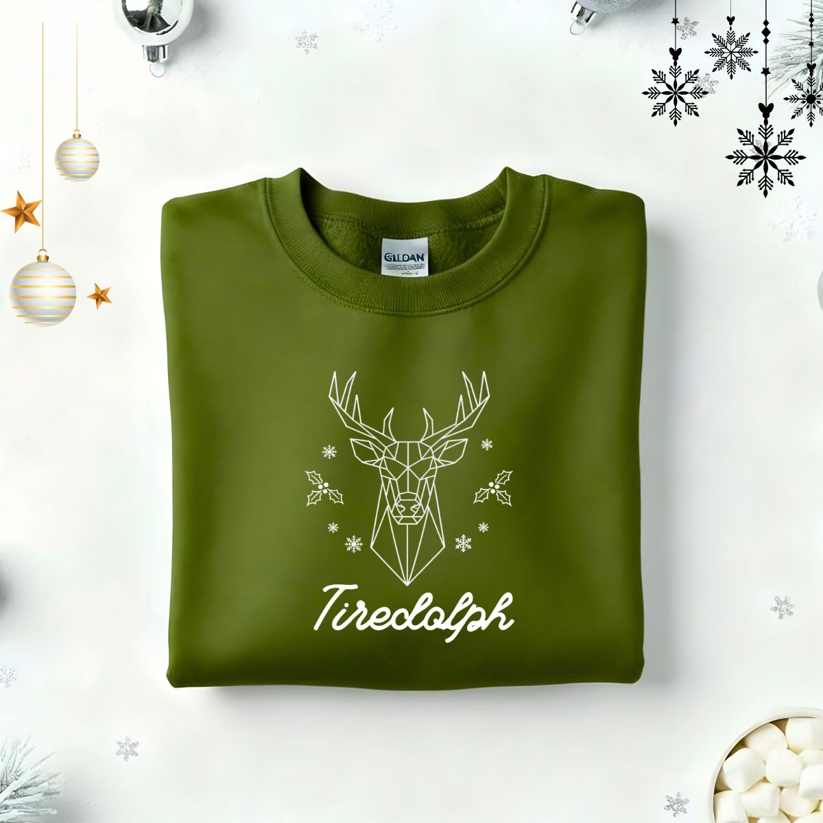 Tiredolph Typographical Embroidered Sweatshirt – funny holiday sweatshirt with minimalist embroidered text, soft unisex fleece pullover from Memez.Store, perfect for tired vibes and festive sarcasm.