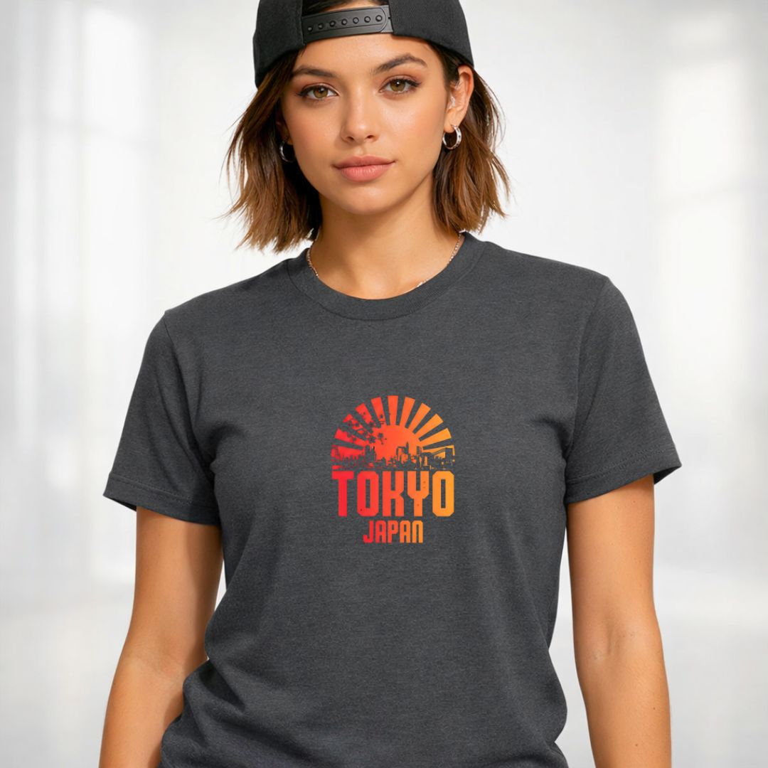 Tokyo Japan Streetwear Tee with neon skyline and Mount Fuji on model