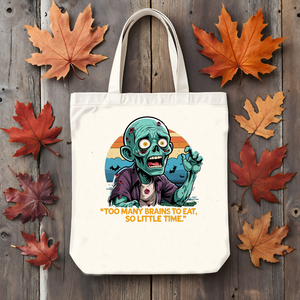 “Too Many Brains to Eat Halloween tote bag with cartoon brain design”
