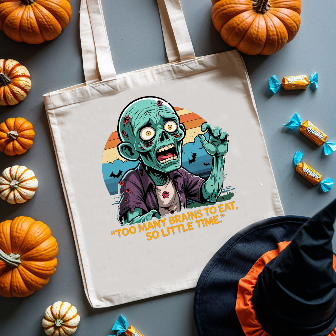 “Too Many Brains to Eat Halloween tote bag with cartoon brain design”