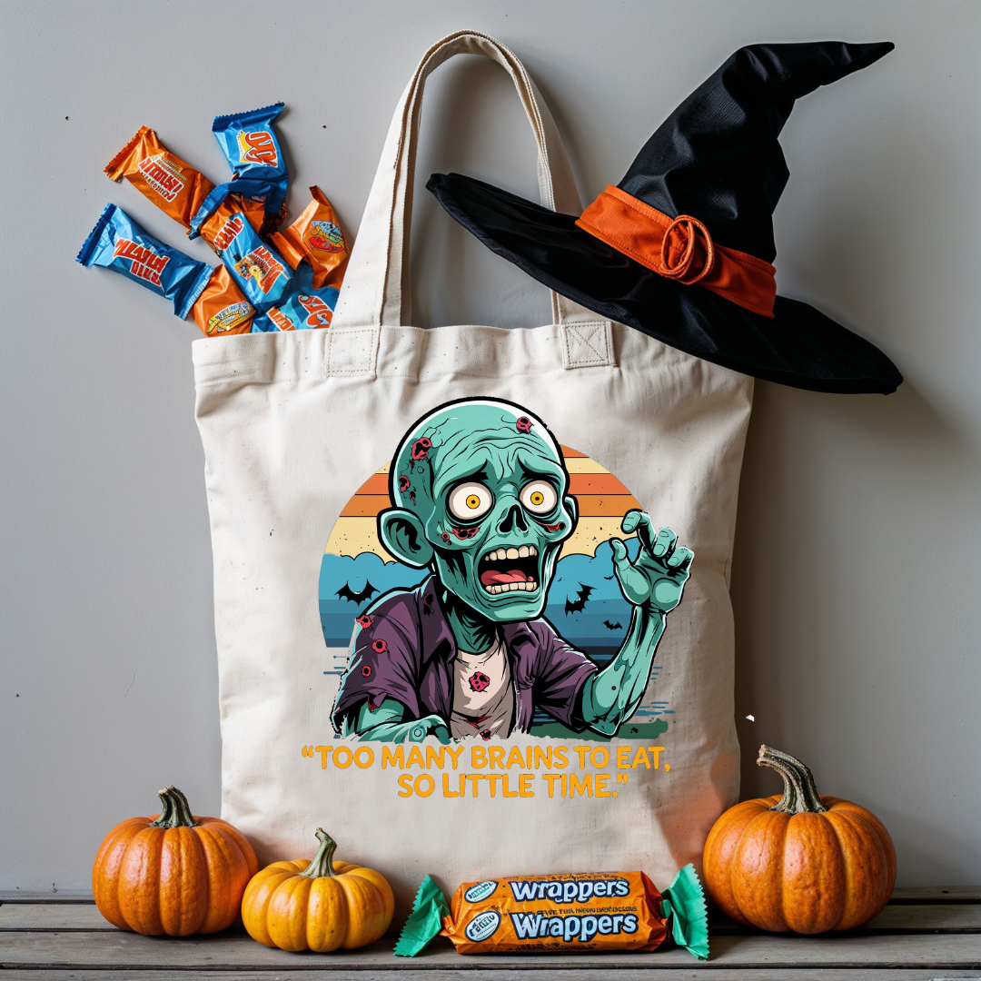“Too Many Brains to Eat Halloween tote bag with cartoon brain design”