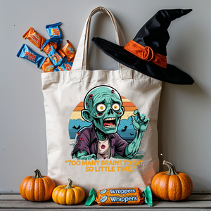 “Too Many Brains to Eat Halloween tote bag with cartoon brain design”