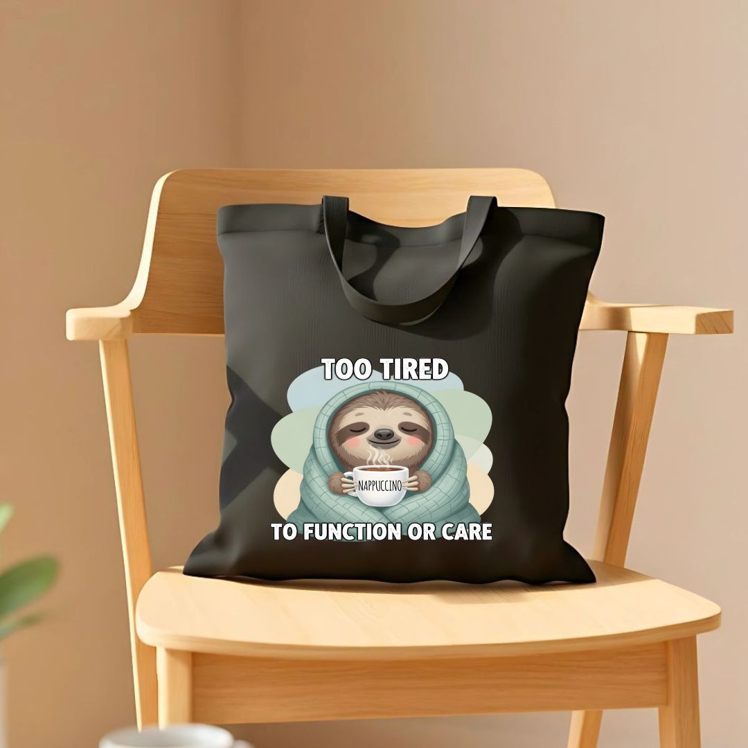 Too Tired To Function Tote Bag with relatable text