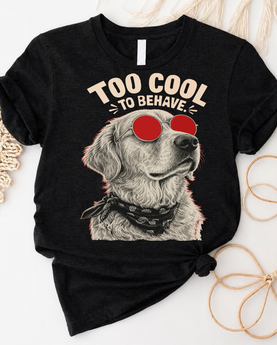 Too cool to behave t-shirt with bold gothic typography and rebel design