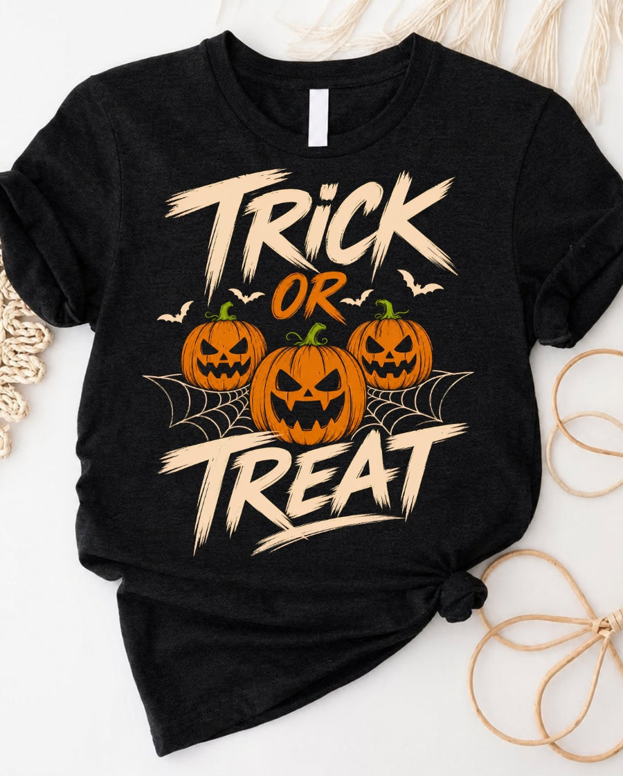 Trick or treat halloween pumpkin jack-o-lantern t-shirt with bold graphic