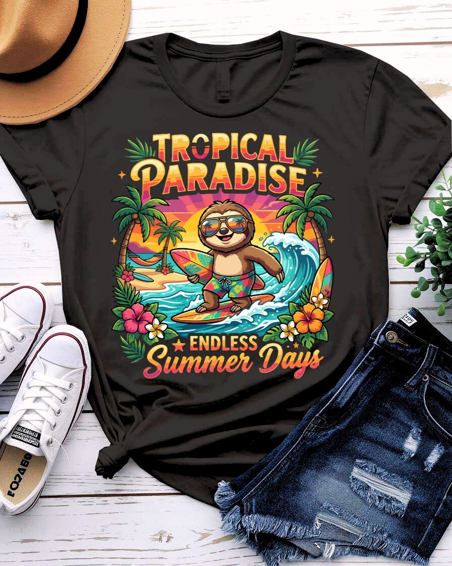 Tropical paradise summer t-shirt sunset palm tree turquoise water