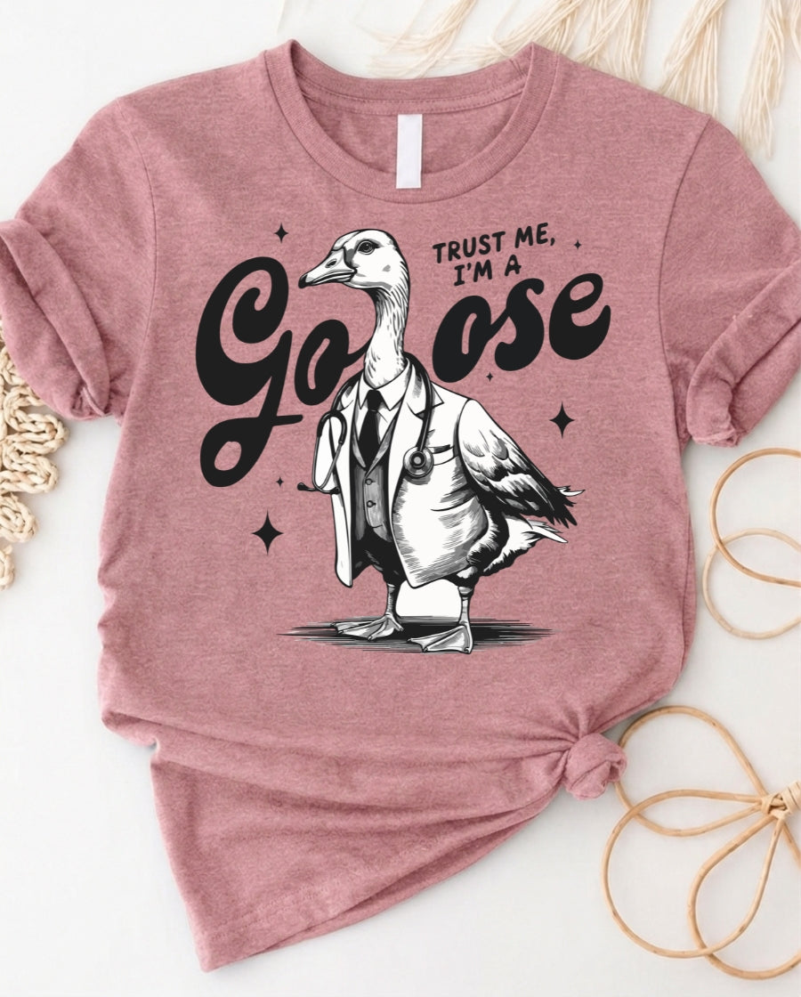 Trust me I'm a goose doctor t-shirt with cartoon goose in white coat and stethoscope