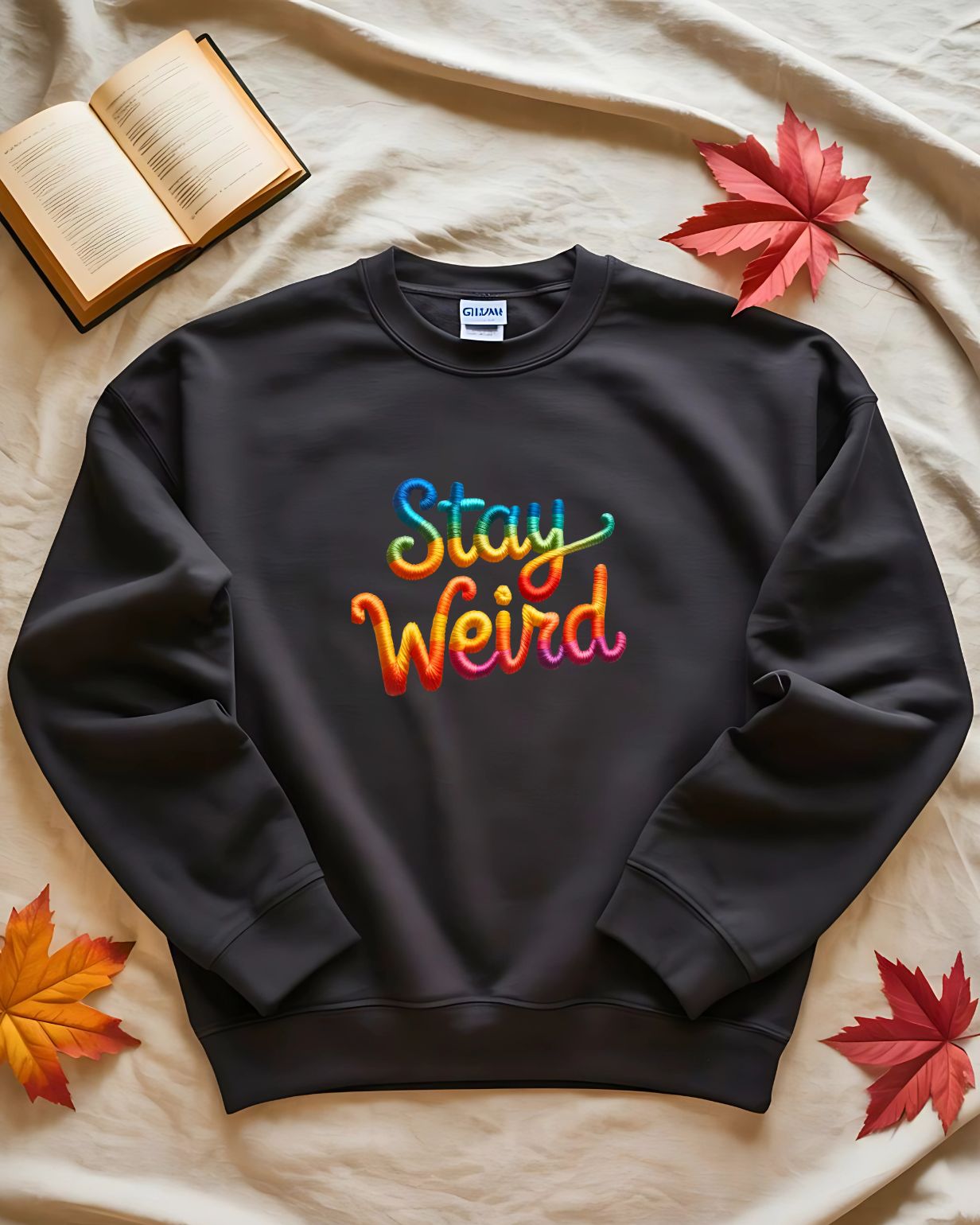 Unisex Cozy Sweatshirt with Embroidered Funny Text Stay Weird