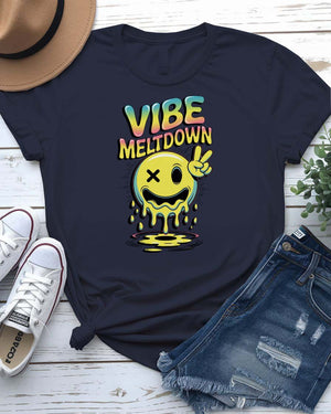 Unisex meme t-shirt with the phrase “Vibes Meltdown” in playful summer font, modeled in sunny outdoor setting.