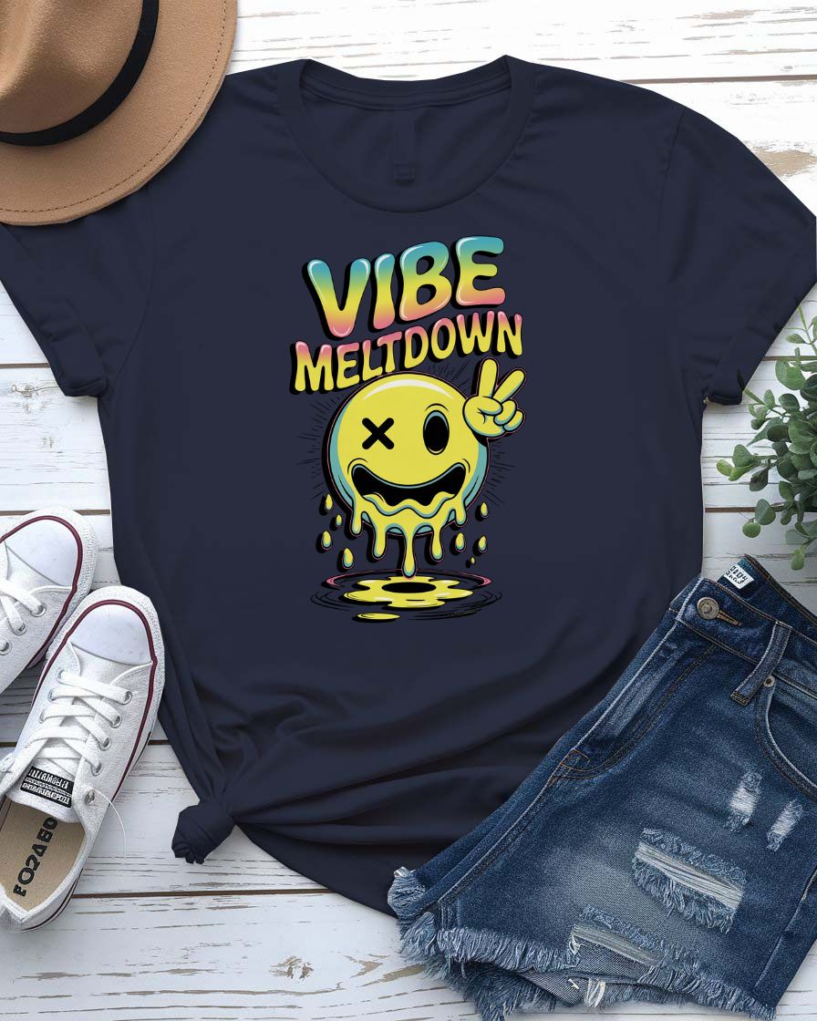Unisex meme t-shirt with the phrase “Vibes Meltdown” in playful summer font, modeled in sunny outdoor setting.