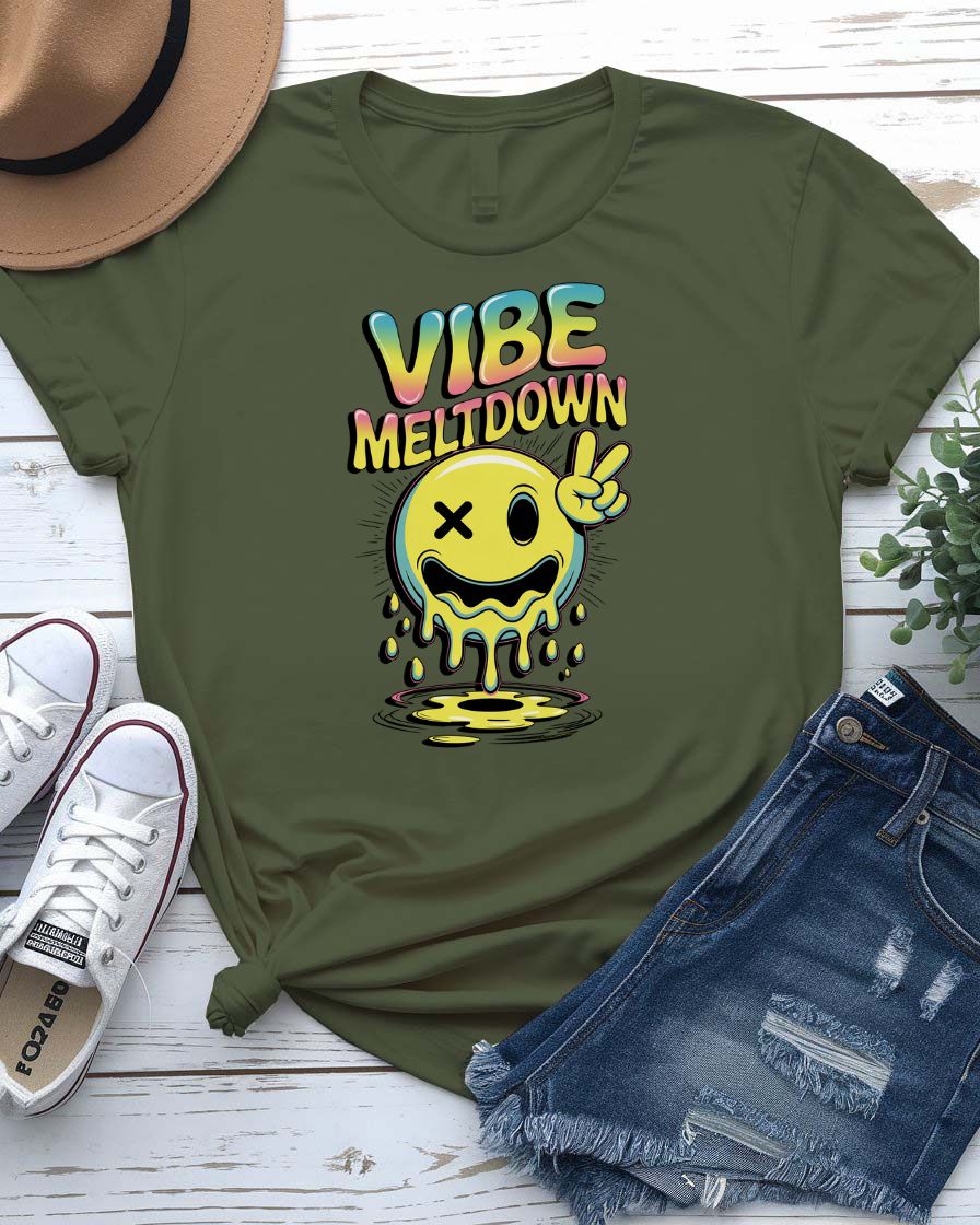 Unisex meme t-shirt with the phrase “Vibes Meltdown” in playful summer font, modeled in sunny outdoor setting.