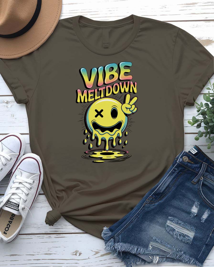 Unisex meme t-shirt with the phrase “Vibes Meltdown” in playful summer font, modeled in sunny outdoor setting.