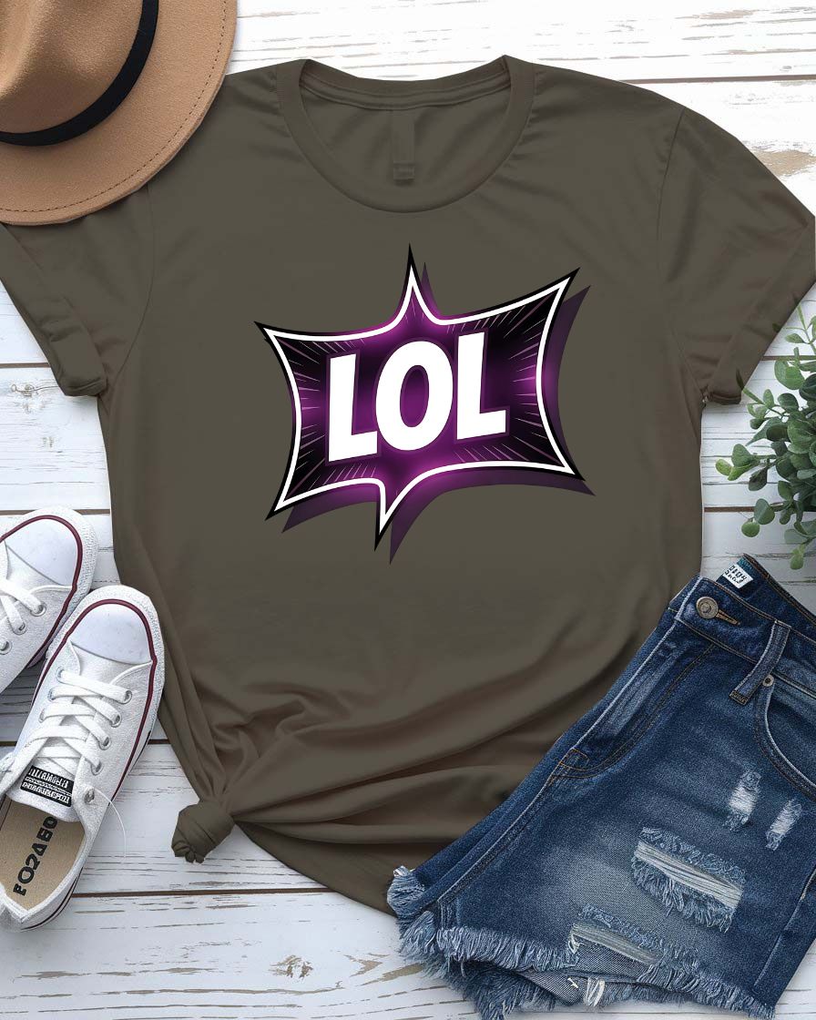Unisex model wearing LOL Funny Typographical Tee in bold black font on a neutral background, looking playfully sarcastic