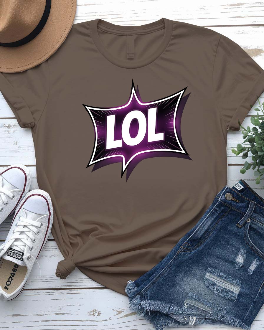 Unisex model wearing LOL Funny Typographical Tee in bold black font on a neutral background, looking playfully sarcastic