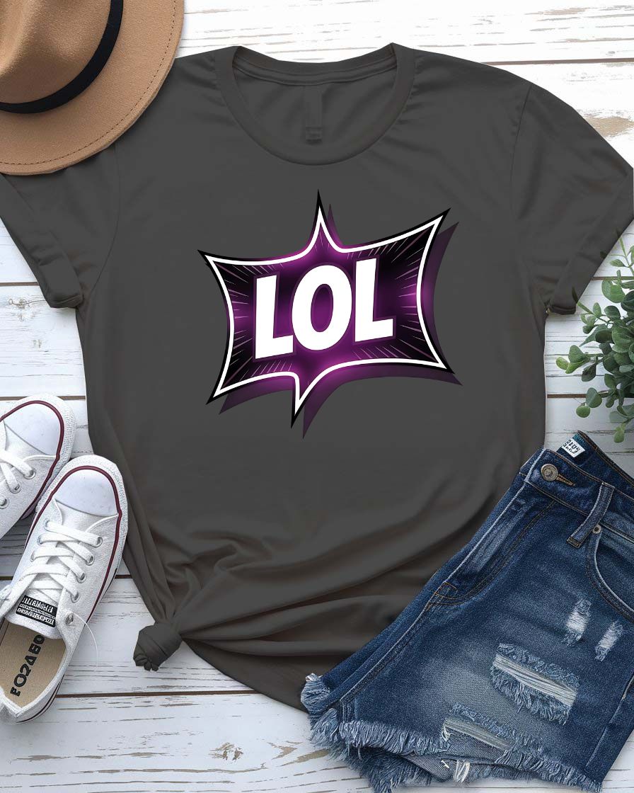 Unisex model wearing LOL Funny Typographical Tee in bold black font on a neutral background, looking playfully sarcastic