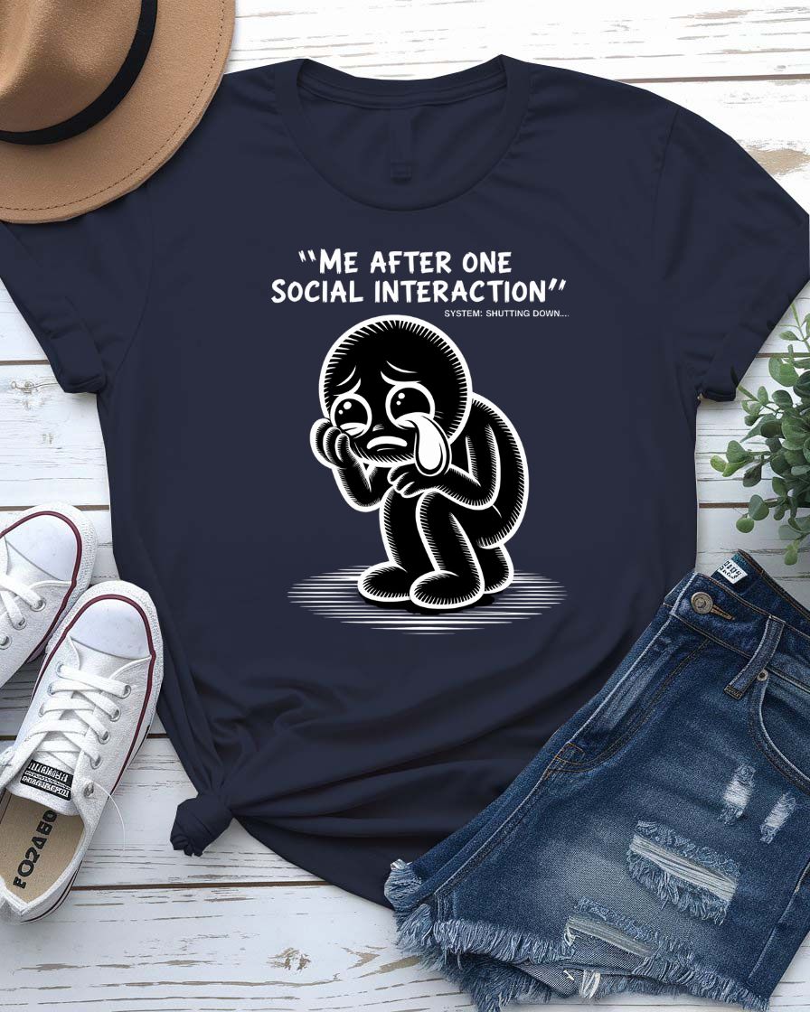 Unisex model wearing Me After One Social Interaction funny meme tee in a minimalist room setting