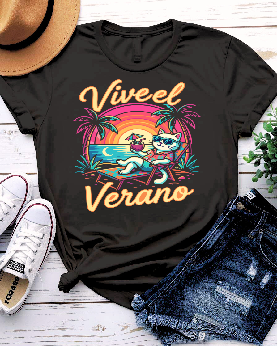 Vive el verano summer tee bold Spanish typography with sun