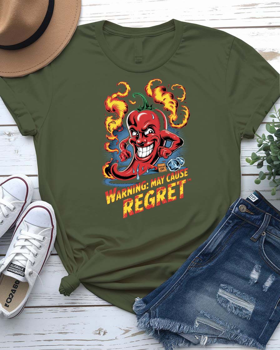 Unisex foodie tee with bold regret warning