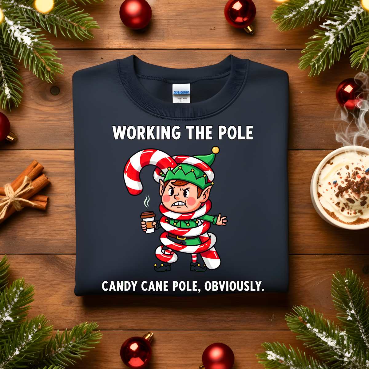 Working The Pole Christmas Sweatshirt – funny adult holiday meme sweatshirt with candy cane pole joke, cozy unisex pullover for festive humor by Memez.Store