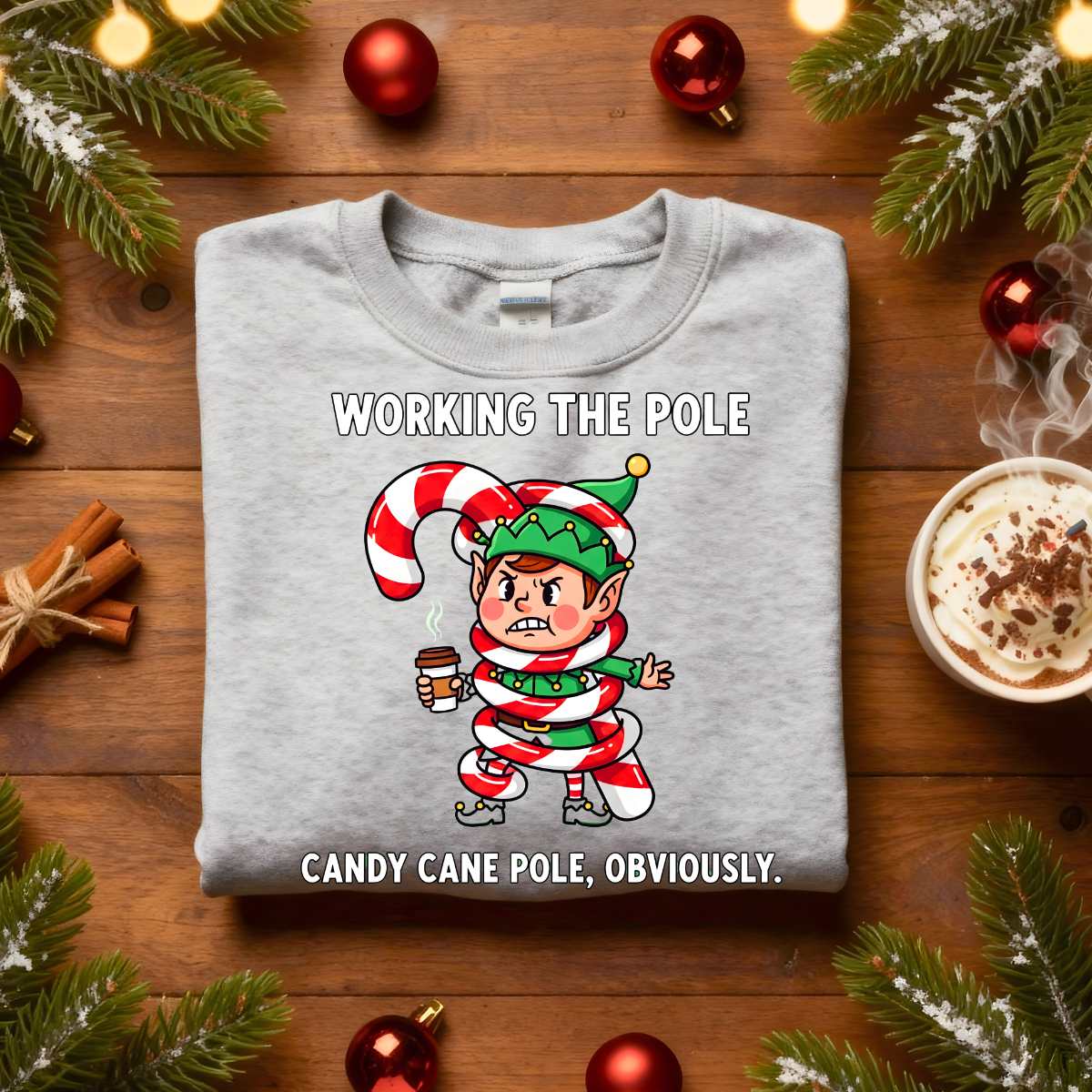 Working The Pole Christmas Sweatshirt – funny adult holiday meme sweatshirt with candy cane pole joke, cozy unisex pullover for festive humor by Memez.Store