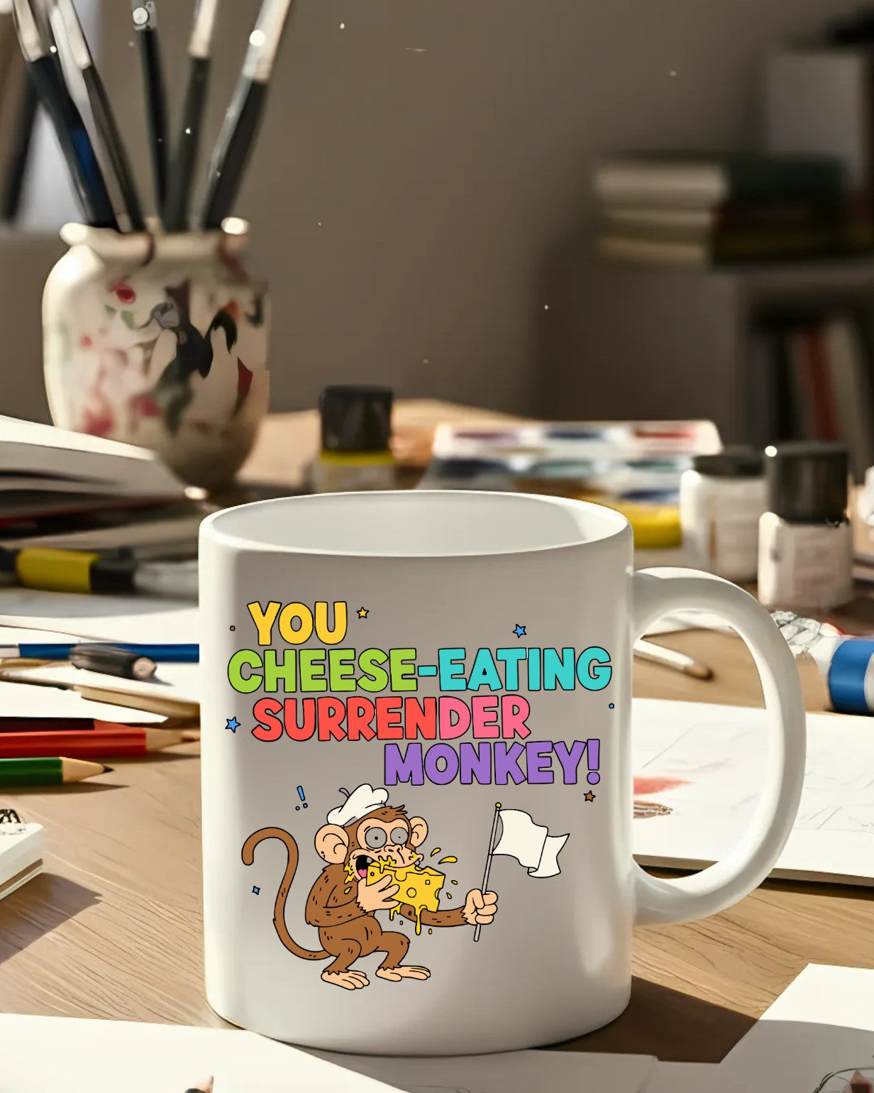 Funny meme coffee mug You Cheese Eating Monkey design”